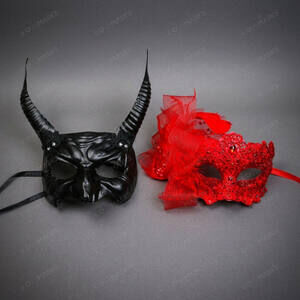 Black Devil Horn Demon Mask & Red Lace Feather Masquerade Couple Mask Set